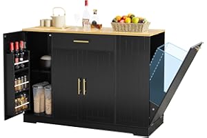Lyromix 53" Long Kitchen Island with Trash Can Storage, Black Kitchen Cart with Garbage Bin 10 Gallon, Wood Island with Trash Can, Wood Top, Spice Rack and Drawers