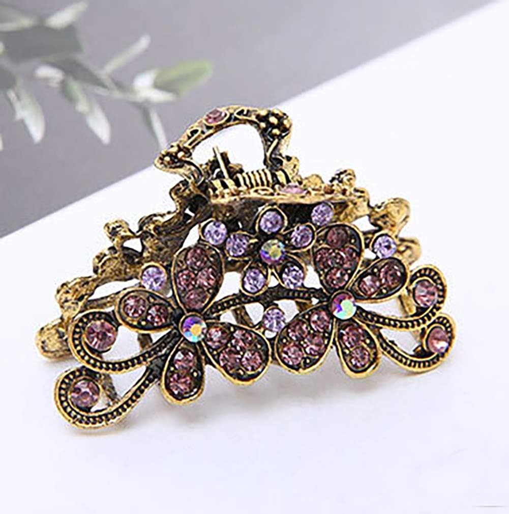 Fodattm Retro Flowers Hair Claw Clip for Women Lady Girls Vintage Alloy Rhinestone Hair Jaw Clips Hairpin Fancy Hair Clamp (Purple) - Image 3