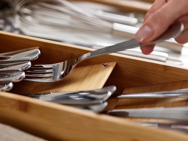 Loja de gavetas - Organizador compacto para gavetas de talheres, 5 compartimentos, capacidade para mais de 24 peças - Bambu