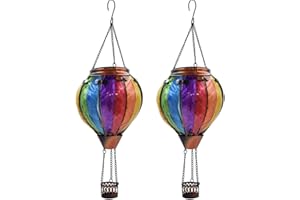 OUISJYER 2PC Hot Air Balloon Solar Lantern, Flickering Flame Hanging Solar Lanterns Outdoor Lights Waterproof Lanterns Decorative Garden Patio Yard Party Decor Colorful with 2PC Shepherd Hook