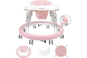 Uuoeebb Baby Walker with Wheels, Anti-Collision Design One-Touch Folding Baby Walker, Anti-Roll 8-Wheel Round Chassis, 7-Gear Height Adjustable, with Large Dinner Plate for Baby from 6-18M, Pink