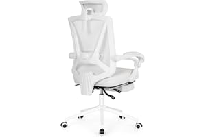 Misolant Ergonomic Office Chair with Footrest, Ergonomic Desk Chair with Adjustable 2D Lumbar Support, High Back Computer Chair with Adjustable Headrest, White Comfortable Leather Office Chairs