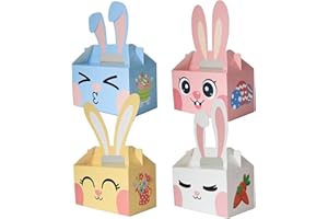 Rarapop 12Pcs Easter Treat Boxes Rabbit Ears Gable Box with Handle, 6.3 x 3.5 x 3.5 Inch Bunny Rabbit Snack Candy Gift Boxes for Easter Basket Party Favor Gifts