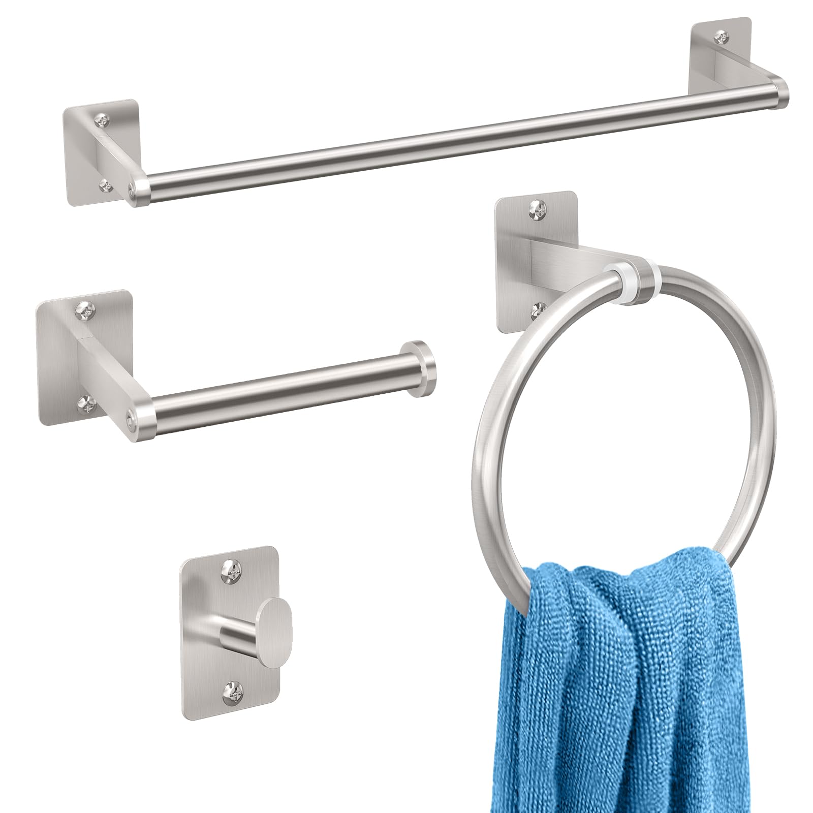 Photo 1 of KLJKPA Brushed Nickel Bathroom Accessories Set, 4 Pieces Bathroom Hardware Set, 16 inch Towel Bar, Towel Racks for Bathroom, Robe Towel Hooks, Toilet Paper Holder Wall Mounted