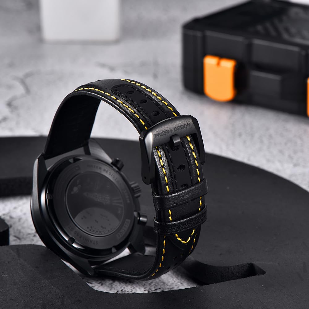 TYBERLEY Pagani Design 1779 Luxury Men's Quartz Watch Moon Chronograph Skeleton AR Synthetic Sapphire VK63 Movement Leather Strap Waterproof Sports Watch Full Black
