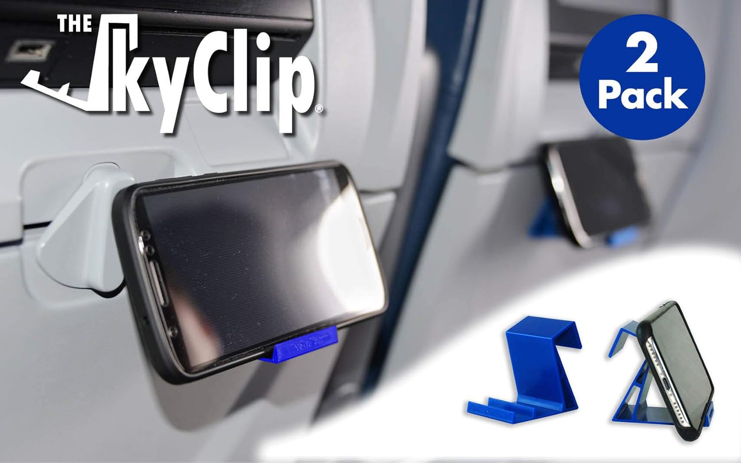 The SkyClip (Blue, 2 Pack) Airplane Cell Phone Seat Back Tray Table