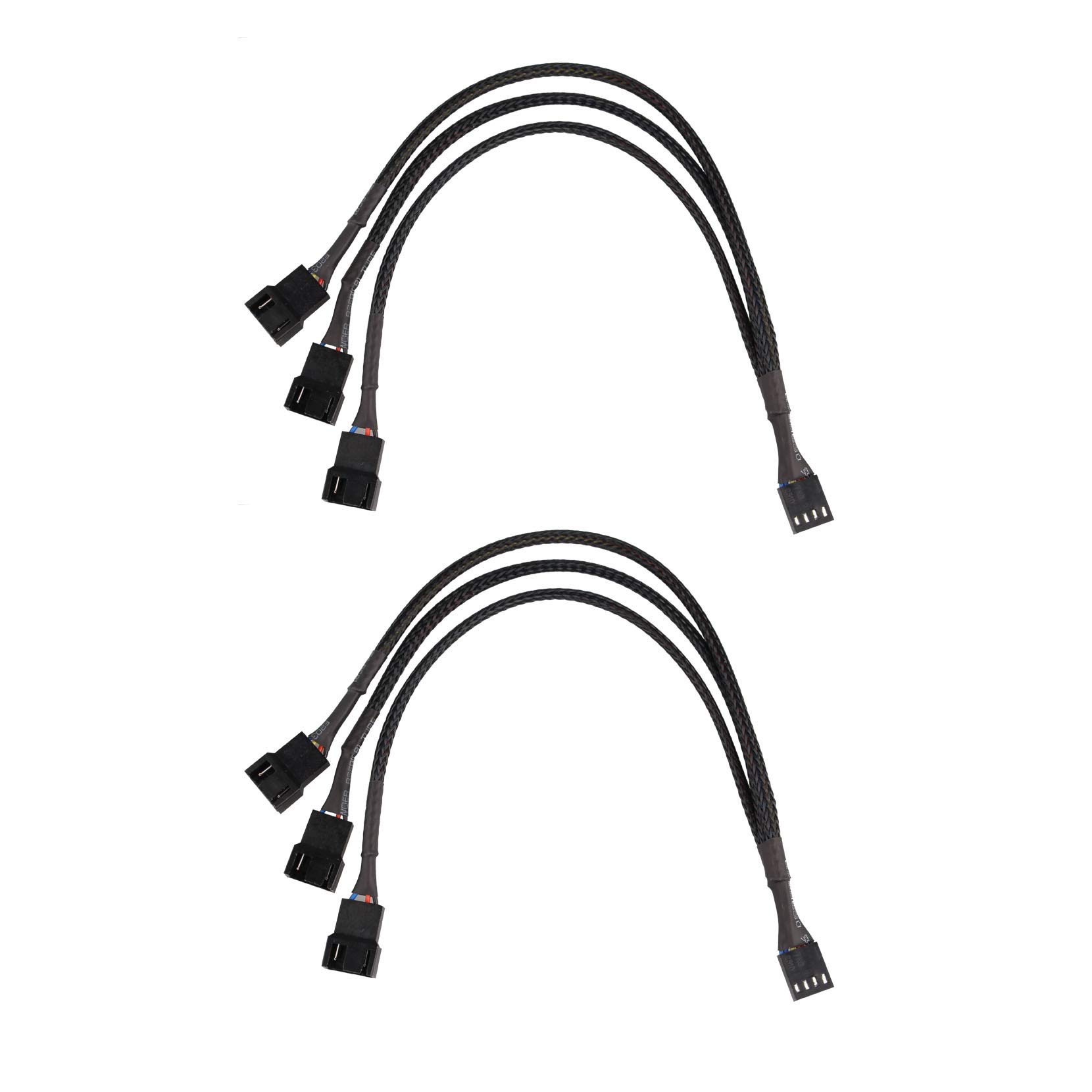 Jopto 2PCS 4 Pin PWM Y Splitter Fan Adapter Cable 1 to 3 Ways Sleeved Braided Splitter Black Extension Cable 1 to 4Pin Computer PC 4 Pin Fan Extension Cable 1 to 3 Converter for 3 Fans