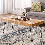 P PURLOVE Modern Wood Coffee Table, Easy Assembly Coffee Table for Living Room w/Chevron Pattern & Metal Hairpin Legs, Glossy Finished Rectangular Side Table