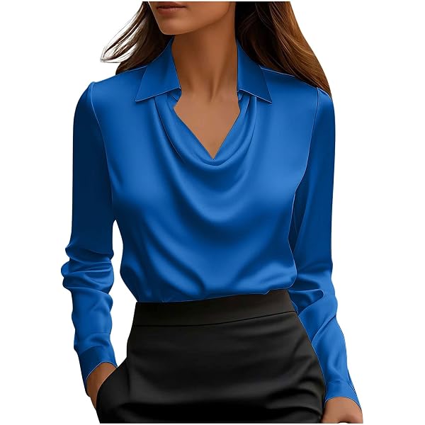 FANTOYE Woen's Satin Collar Neck Drape Ruched Long Sleeve Blouse Shirt