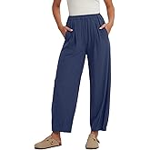 Les umes Women's Cotton Wide Leg Pants High Waist Plus Size Harem Trousers Cropped with Pockets Elastic Waist Casual Summer