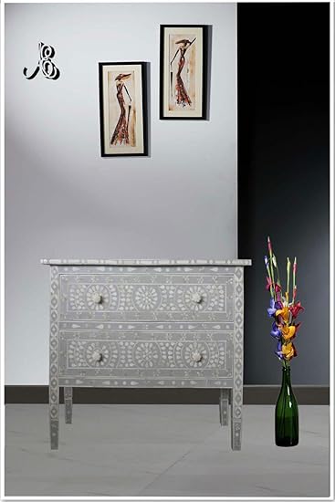 Ace Craftique Wooden Handmade Bone Inlay Light Grey Sideboard Chest of Drawer for Bedroom -2 Drawers and Storage