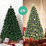 Goplus 6FT Artificial Christmas Tree Pre-Lit Optical Fiber Tree 8 Flash Modes W/UL Certified Warm White Electrodeless LED Lights & Metal Stand