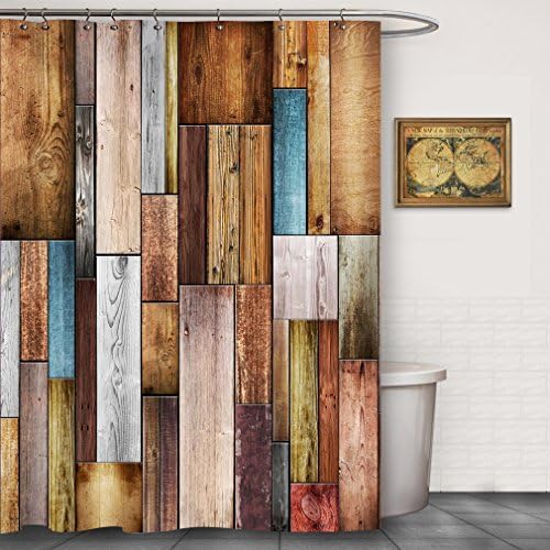 FOOG Colorful Wood Panels Shower Curtain by Fence Texture Barn Door Home Bathroom Decoration Polyster Fabric Mildew Resistant Waterproof -Blue Gray Maroon (70" Wx78 L)