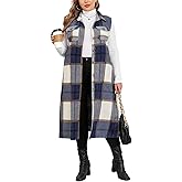 ZOMVA Plus Size 1X-5X Flannel Plaid Long Midi Vest with Pockets Button Down Sleeveless Shacket Coats Fall Outfits Jackets