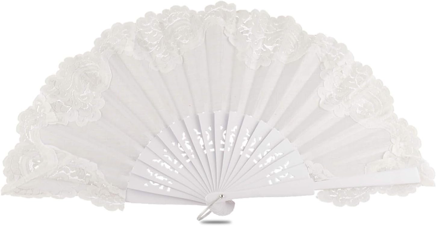 Ole Ole Flamenco Hand Fan Bridal Ceremonies with Lace 9 Inches 23 cm, Spanish Hand Fan, Wooden Folding Hand Fan, Abanicos Españoles - White (Blanco)