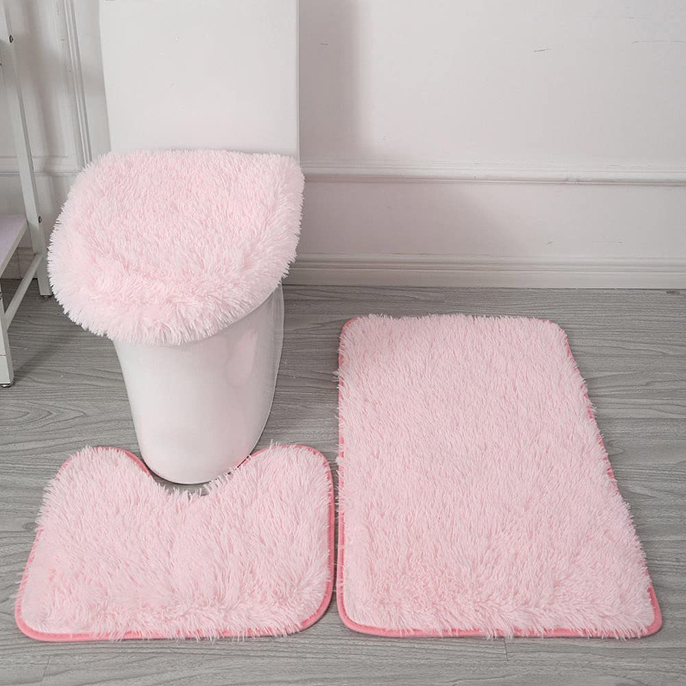 Photo 1 of BXEBUI Microfiber Bathroom Rug Sets 3 Piece, Non Slip Contour Mat Toilet Lid Cover and Bath Rug Mats Shower Mats for Bathroom Tub Toilet (Pink)