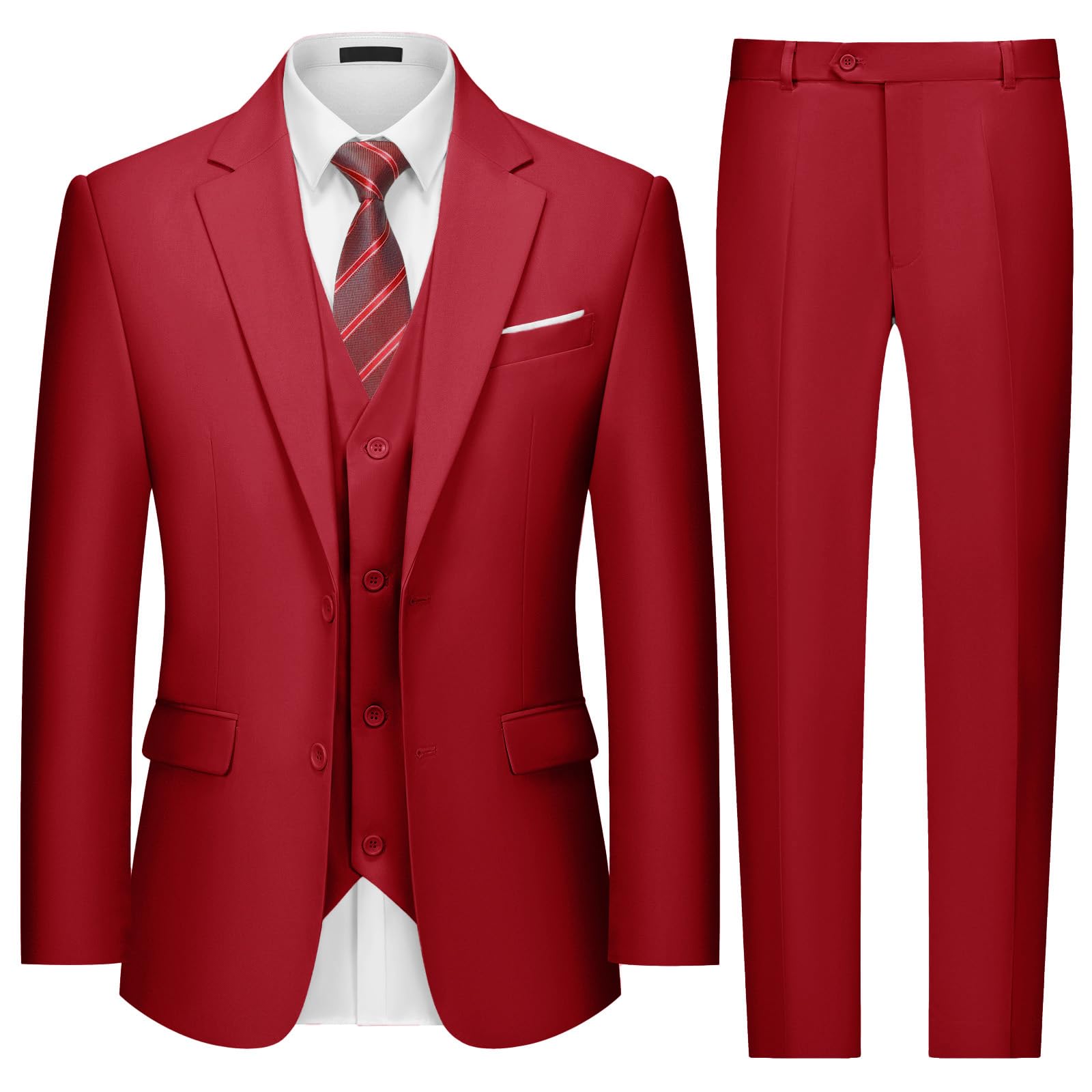 MAGE MALE Mens Two Button 3-Piece Suits Slim Fit Tuxedo Set with Blazer Jacket Vest & Pants for Wedding Prom Business Red Image
