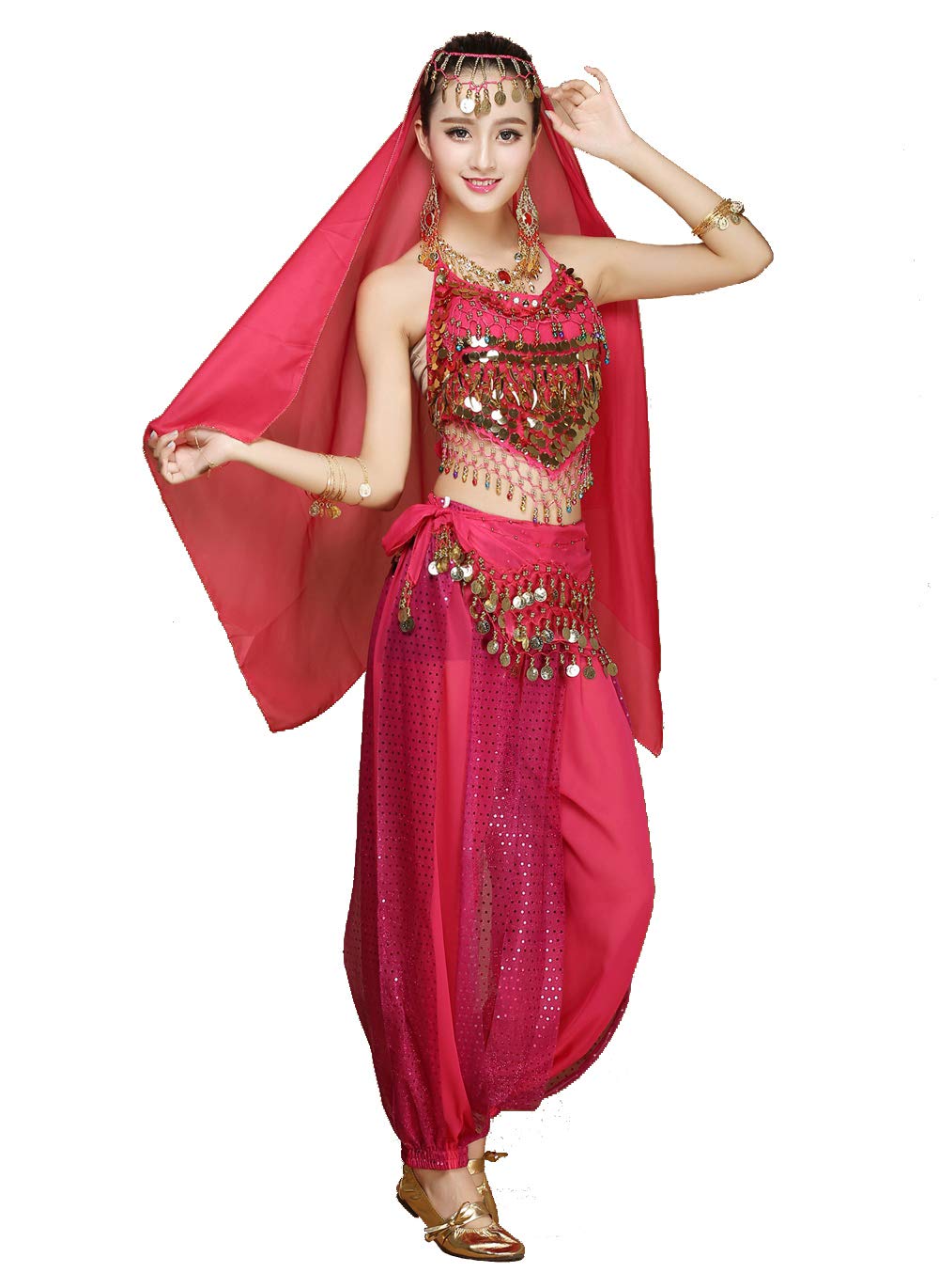 Womens Belly Dancer 4-Piece Costume Set Outfit with top Pants Head Veil Hip Scarf for Arabian Egyptian Dancing (Pink)