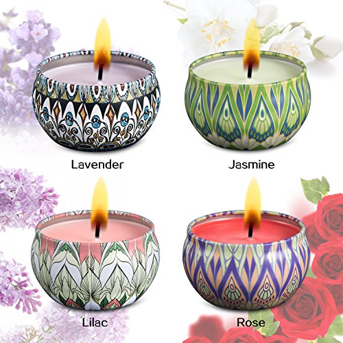 AMASKY Scented Candles for Stress Relief and Aromatherapy,Weddings,Travel Tin, Made of Natural Soy Wax,4 Fragrances-Lavender,Rose,Lilac,Jasmine (4 Packs)