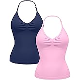 OLCHEE Womens Halter Tank Tops V Neck Impact Backless Longline Strappy Adjustable Gym Workout Top Padded