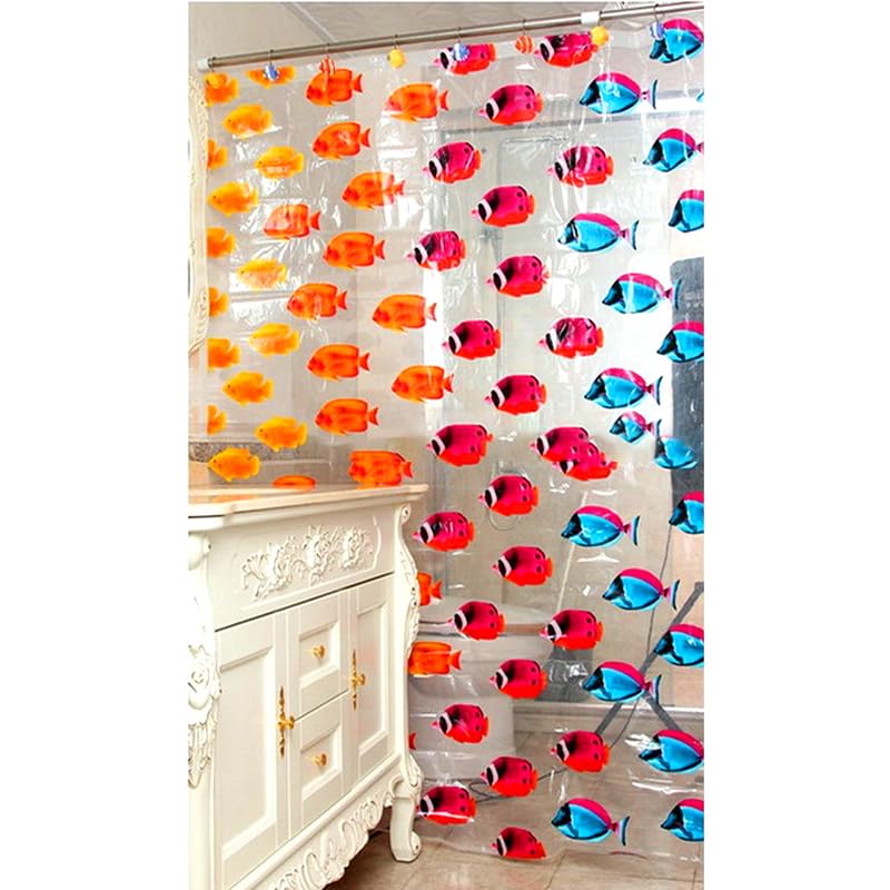 Playlearn Quality Transparent Fish Clear Plastic Shower & Bath Curtain, 180 x 200 cm, 12 Hooks, Blue/Orange/Yellow/Black/Green - Long Length