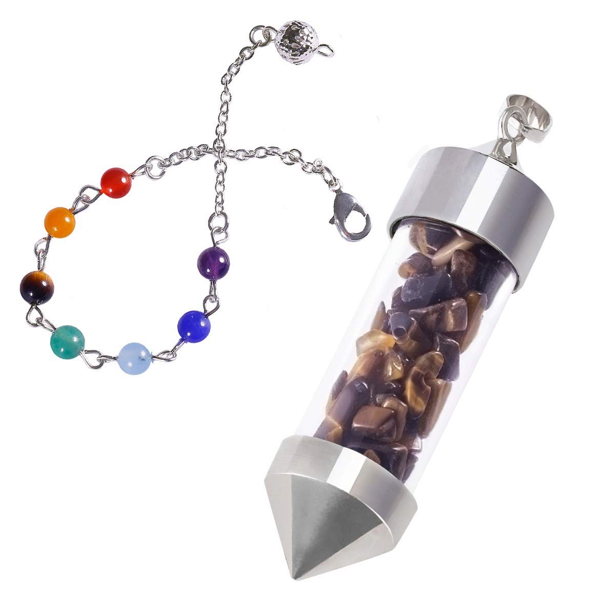 mookaitedecor Tiger's Eye Crystal Pendulum Bottle Crystal Pendant Necklace Chips Crystal Point Pendulum for Dowsing Scrying Divination Reiki Healing Crystal Pendulum with 7 Chakra Bead Chain