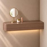 Wall-Mounted Floating Solid Wood Makeup Vanity Desk with LED Light Drawers | Solid wood floating vanity with a pre-installed bottom light, soft-close drawers, and floor-clearing wall-mounted design