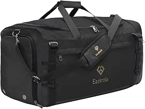 Eackrola Sports Gym Bag, Travel Duffel bag with Wet Pocket &amp; Shoes Compartment for men women, 65L, Lightweight (Black)