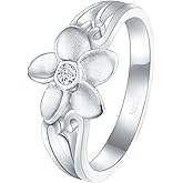 BORUO 925 Sterling Silver Ring, Plumeria Cubic Zirconia CZ Hawaiian Flower Comfort Fit Wedding Band Ring