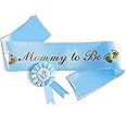 Mommy to Be Sash for Baby Shower Decorations Boy - Cute Satin Baby Shower Sash for Mommy & Elegant Dad to Be Pin, Blue Glossy Texture & Gold Glitz Letters - Stylish Accessories for Gender Reveal Party