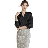 Women’s V-Neck Silk Pleated Blouse – 100% Washable Charmeuse Button Down Shirt for Work Office or Casual Wear