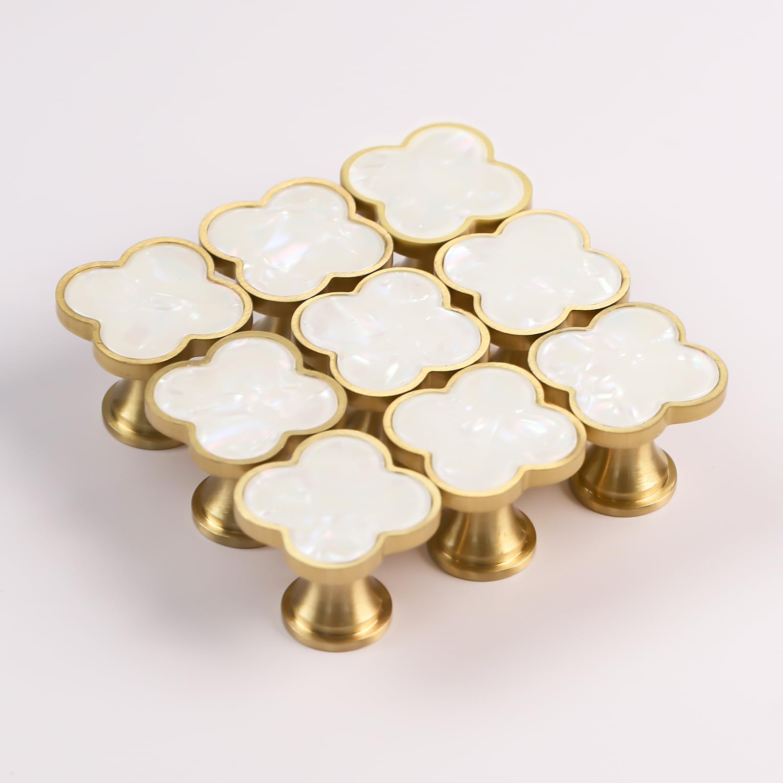 EVERGD 27mm Pure Copper Handle Shell Brass Gold Wardrobe Kitchen Cabinet Door Knobs Drawer Cupboard Hardware Pull Handle Clothes Coat Hook Modern Simple (9, Four-Leaf-Pearl Rainbow)