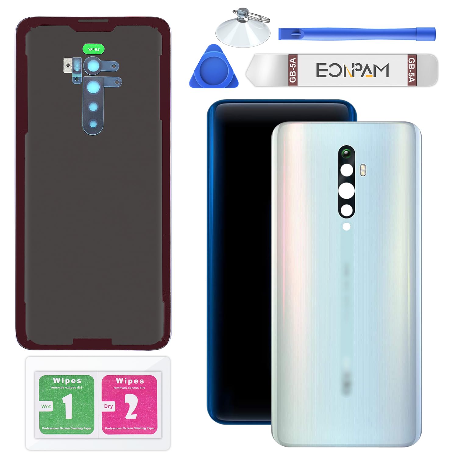 Eonpam Back Cover Glass for Oppo Reno2 Z Rear Glass Replacement with Repair Kit Genuine Rear Housing（White）