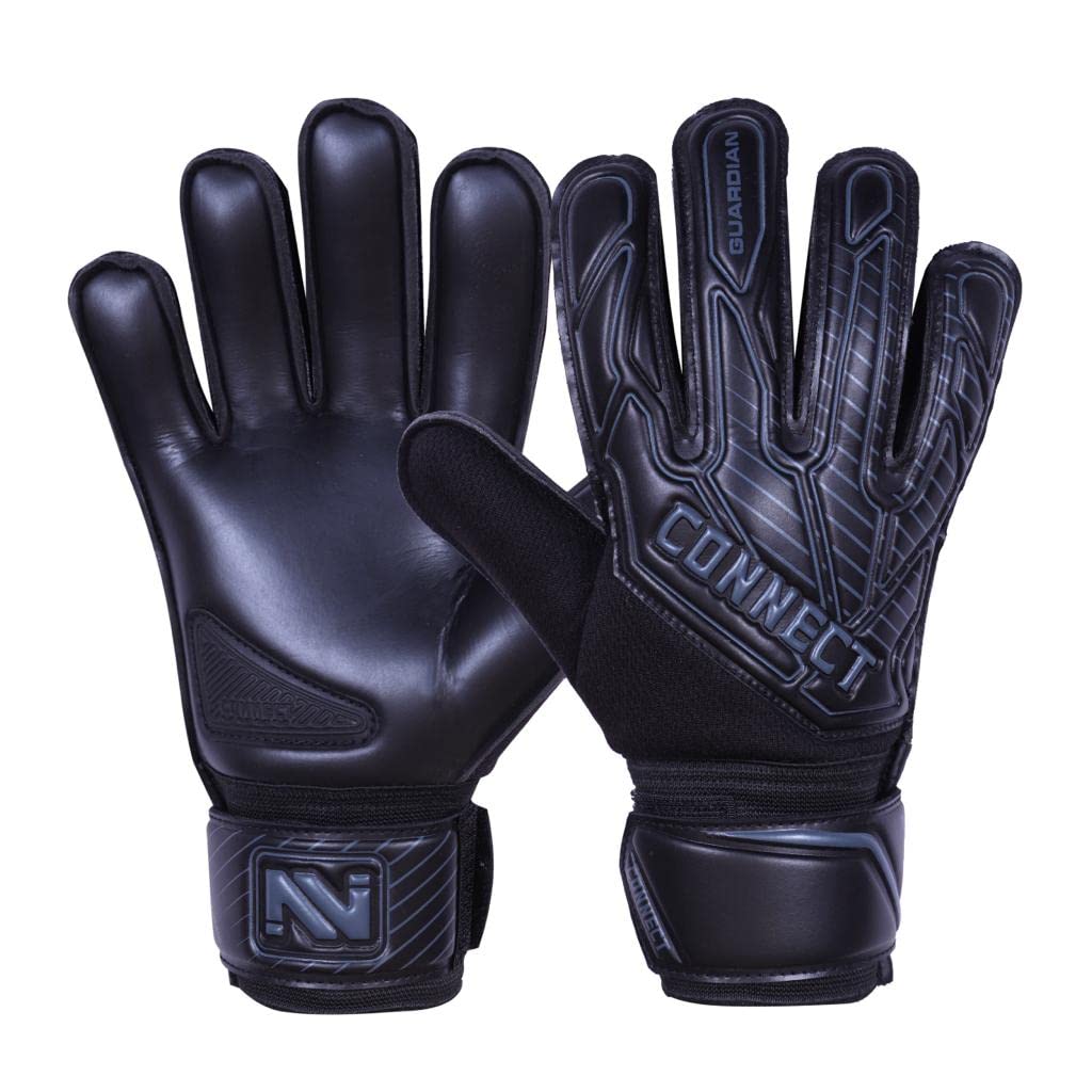 CONNECT Goalkeeping Gloves with 4mm Latex Finger Protection Super Grip Palm, Soccer Goalie Gloves for Boys, Kids, Children Youth Football Goalkeeper Gloves (Grey-Blk, 4)