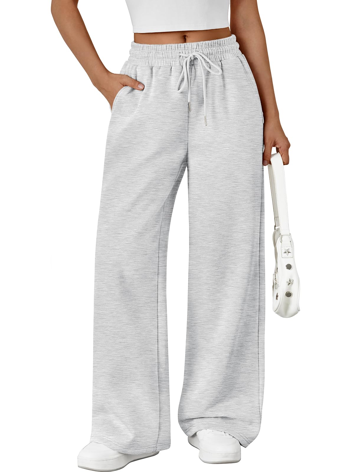 Photo 1 of Trendy Queen Womens Wide Leg Sweatpants Drawstring High Waisted Lounge Barrel Pants Fall Baggy Athletic Joggers with Pockets Grey M