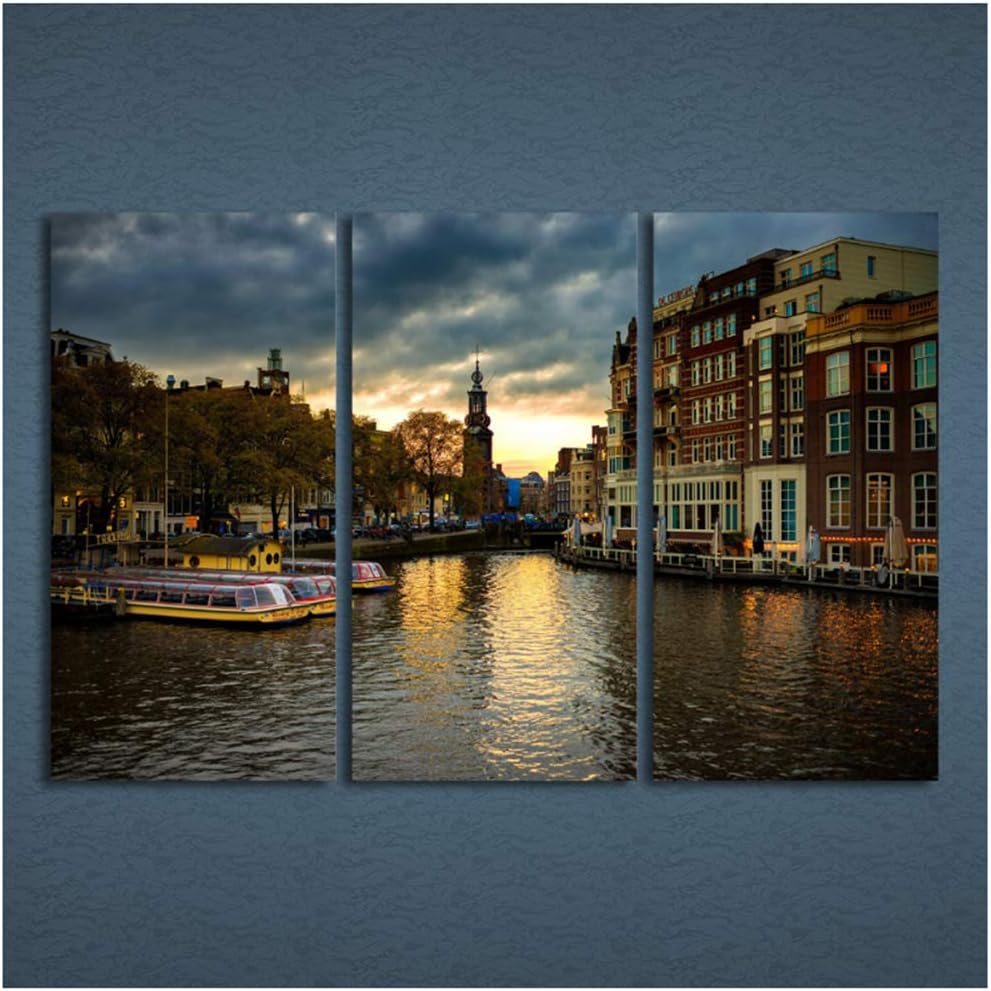 wttfbh Canvas Wall Art Canvas Printing Wall 3 Panels Canvas Art Amsterdam House Canal Home Decor Wall Art Painting Canvas Prints Pictures for Living Room Poster 4060Cm