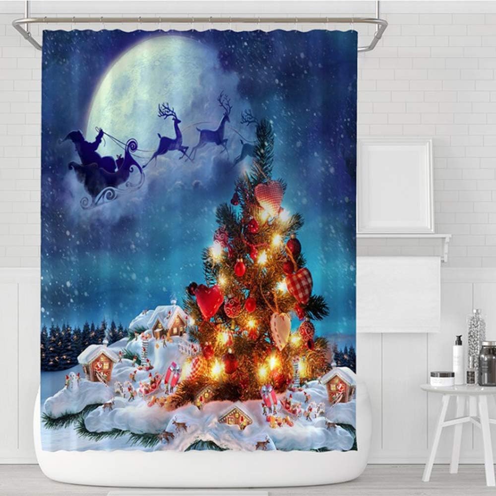 Lifreer 1PC Christmas Shower Curtain Christmas Theme Pattern Blue Bath Curtain Waterproof Polyester Shower Curtain with Hooks for Christmas Bathroom Decor（70 * 9 * 70 * 9inches