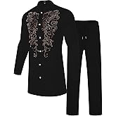 ZSJR Mens African 2 Piece Set Glitter Rhinestone Traditional Suit Shiny Blingbling Sparkle Metallic Dashiki Shirt Pant Outfit