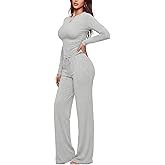 ZOOSIXX Lounge Sets for Women - 2 Piece Sets for Women Ruched Long Sleeve Crop Top and Wide Leg Pants with Pockets Outfits