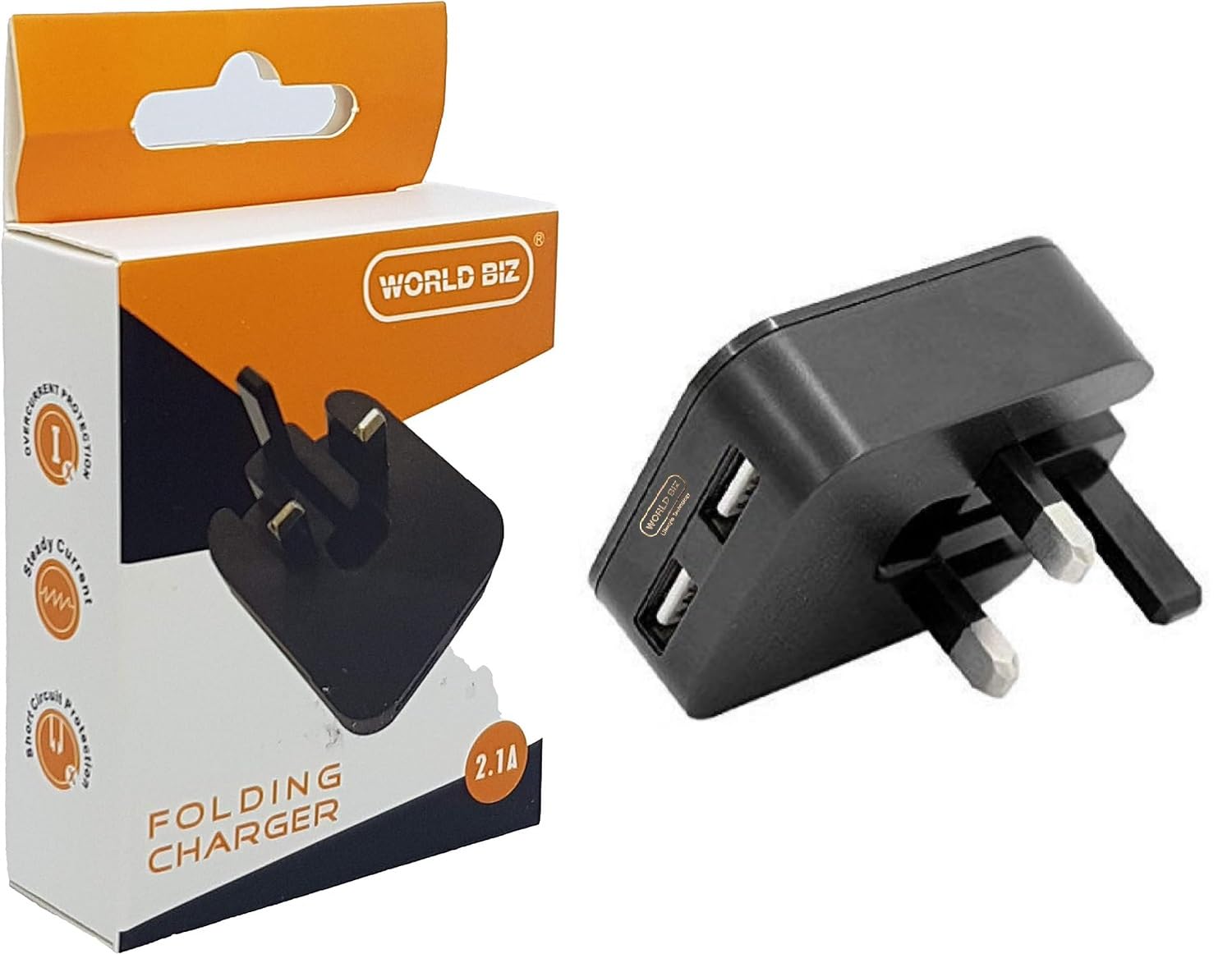 WorldBiz - 2 Port Foldable Dual USB Wall Charger | 2.1A Black Mains Plug for iPhone Xs/XS Max/XR/X/8/7/6/Plus, iPad Pro/Air 2/Mini 4, and More