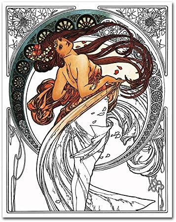 Premium Fine Art Adult Coloring Book Pages. Color Your Own Fine Art Fit for Framing. (Mucha 'The Dance' Unframed)