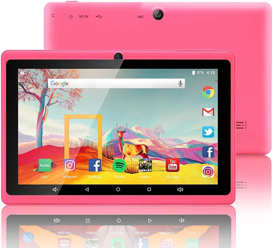 7 inch Tablet Google Android 8.0 Quad Core 1024x600 Dual Camera Wi-Fi Bluetooth 1GB/8GB Play Store Netfilix Skype 3D Game Supported GMS Certified(Pink)