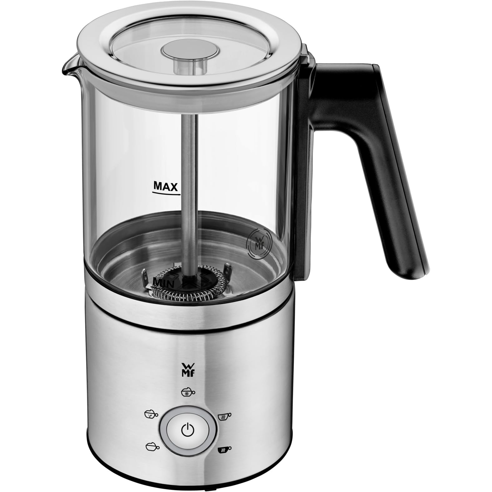 WMF Lono Glas Milchaufschäumer elektrisch, 150-250 ml, 650 Watt, Frappe Mixer, Touch-Display, für Milchschaum heiß und kalt, heiße Milch, Milcherwärmer, Kakaomaschine, heiße Schokolade, edelstahl matt