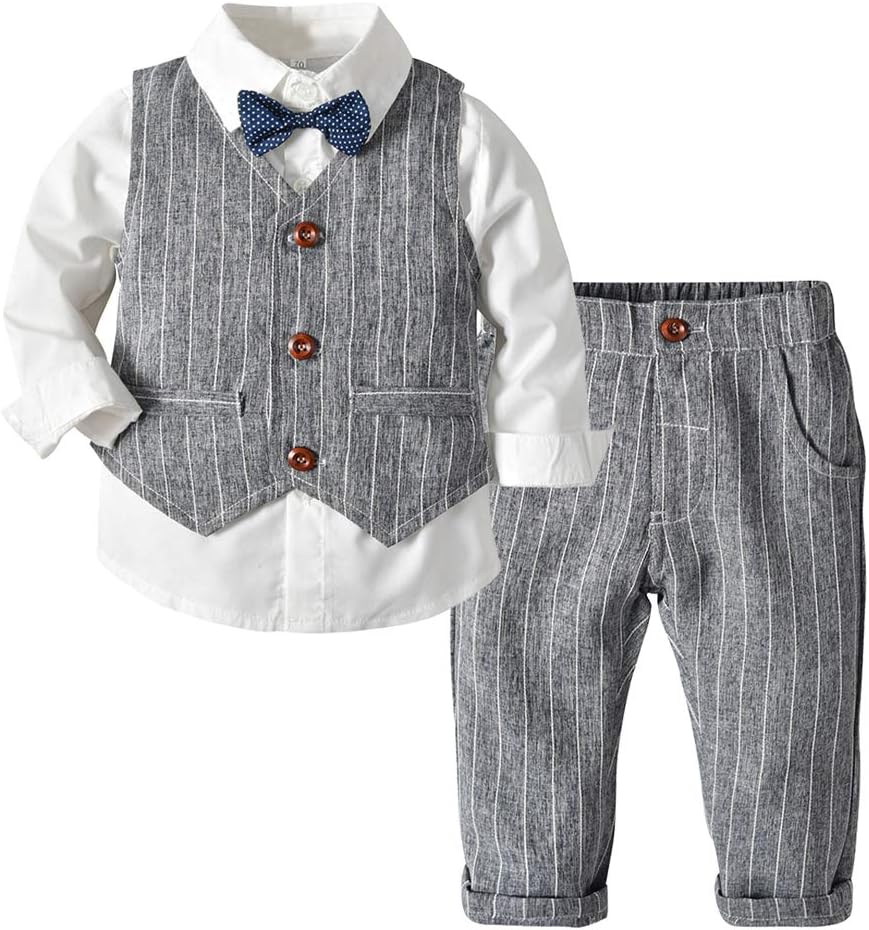 Moyikiss Studio Toddler Baby Boys Gentleman 3Pcs Bowtie Shirt + Vest + Striped Pants Formal Clothing Suit Set