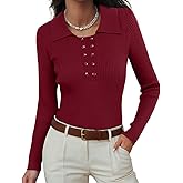 Ninee Womens Long Sleeve Pullover Sweaters Casual Lapel Crew Neck Button Down Tops Trendy Fall Knit Slim Fit Shirts