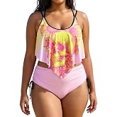 ROSE GAL Women Plus Size Gothic High Waisted Bikini Sets Skull Sunflower Print Two Piece Bathing Suits