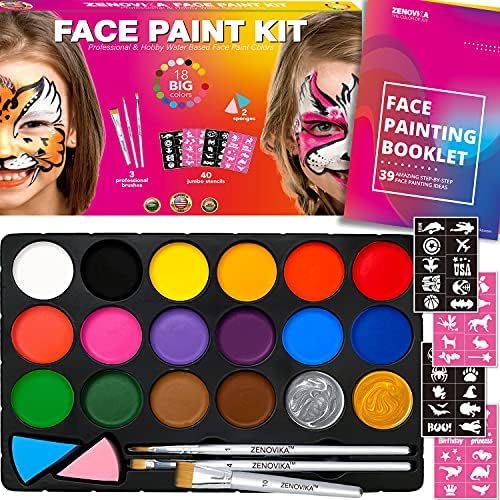 Face Paint Kit for Kids – 40 Face Paint Stencils, 18 Large Water Based Paints with 2 Metallic Colors Gold + Silver – Halloween Professional Makeup Face Paint Palette Safe for Skin, Face Painting Book Face Paint Kit for Kids – 40 Face Paint Stencils, 18 Large Water Based Paints with 2 Metallic Colors Gold + Silver – Halloween Professional Makeup Face Paint Palette Safe for Skin, Face Painting Book