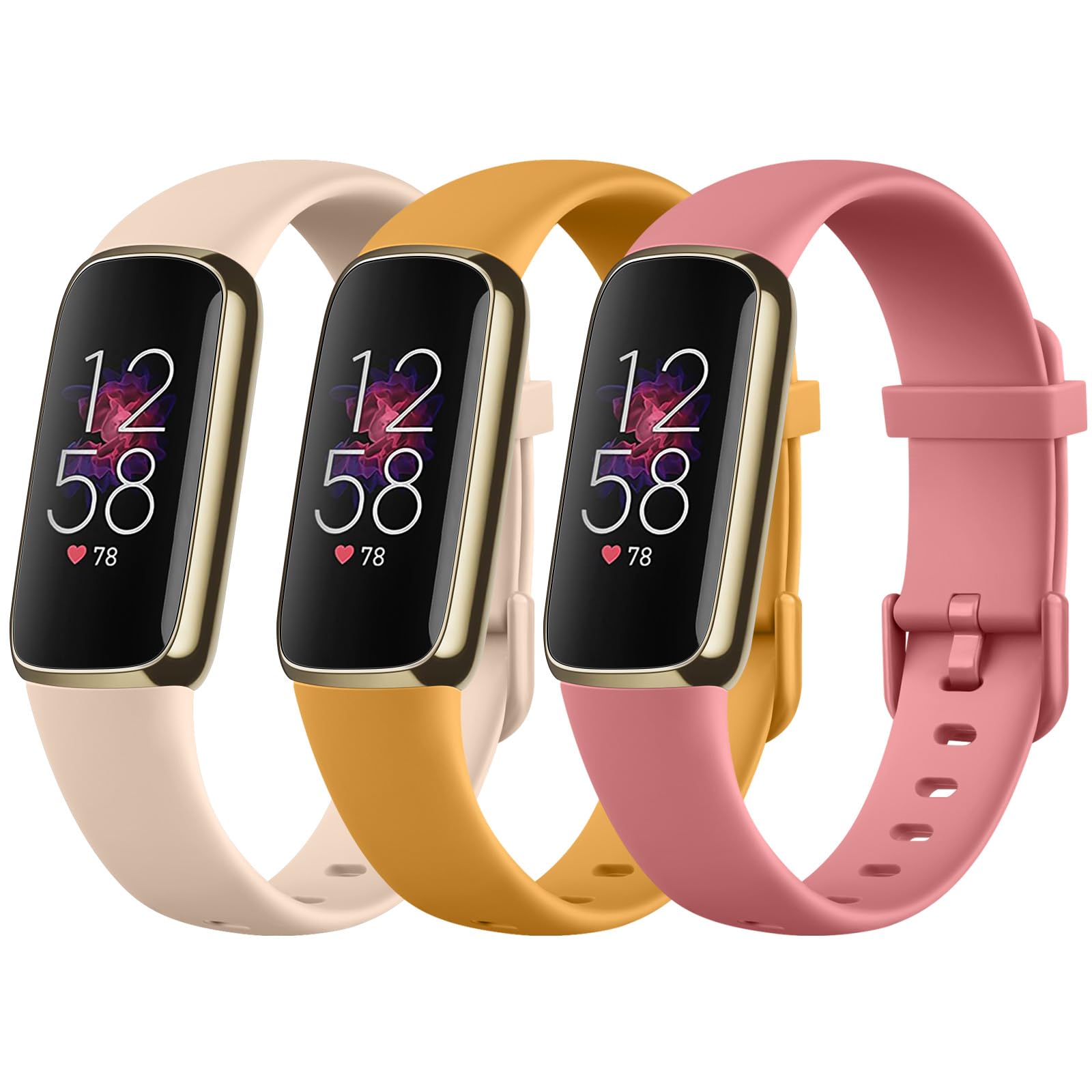 Oumida Pack 3 Straps Compatible with Fitbit Luxe Strap for Women Men,Soft Silicone Adjustable Sport Replacement Wrist Bands for Fitbit Luxe (Small, Morning Glow/Coral Red/Apricot Rose)