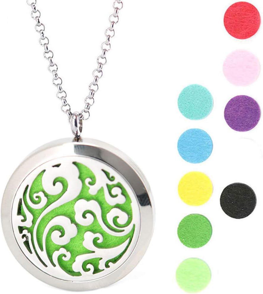 Doingo Tree of Life Aromatherapy Essential Diffuser Necklace Pendant-Stainless Steel Locket Jewelry with Adjustable Necklace Chain 16pcs Refill Pads