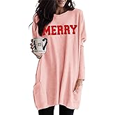 CM C&M WODRO Women Merry Christmas Shirts Long Sleeve Glitter Patch Tunic Top Xmas Pullover Blouse Holiday Outfit with Pocket